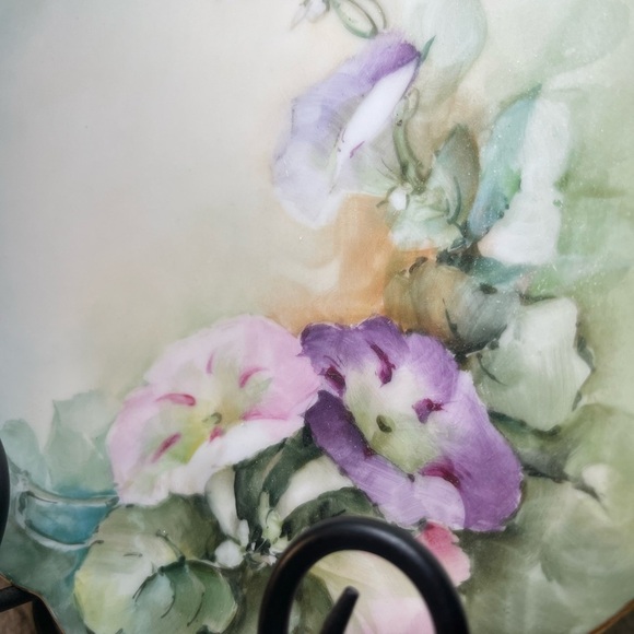 Limoges Hand Painted Pink  Purple Morning Glories & Gold Cake Plate - Picture 6 of 11